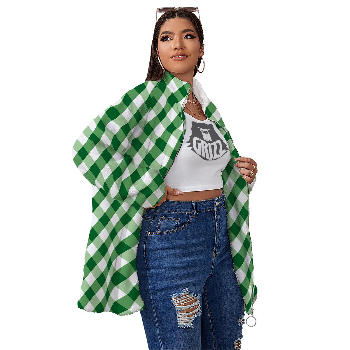 White Gingham And Green Shamrock Print Pattern Women's Sherpa Jacket-grizzshop
