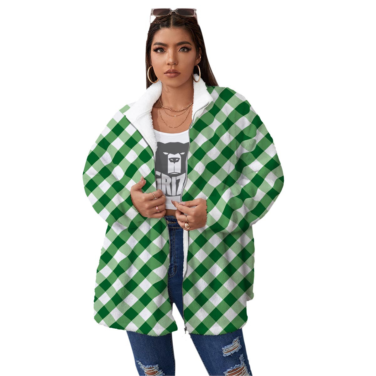 White Gingham And Green Shamrock Print Pattern Women's Sherpa Jacket-grizzshop
