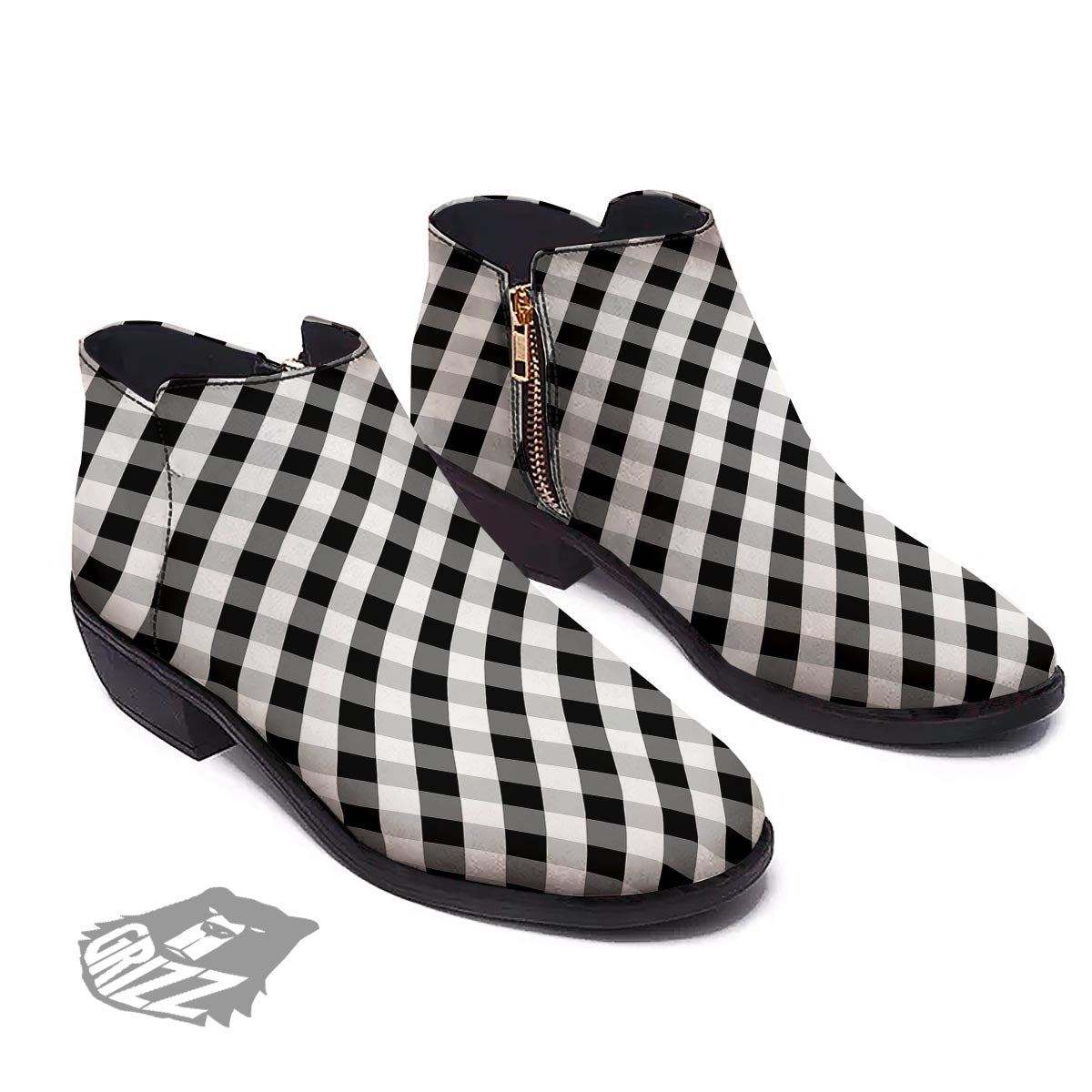 White Gingham And Grey Shadow Print Pattern Ankle Boots-grizzshop