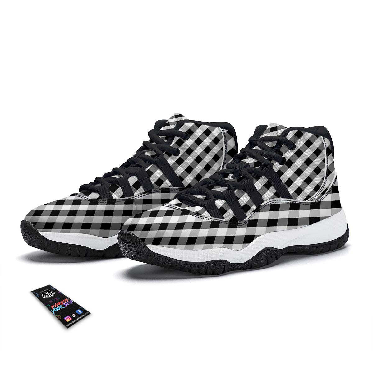 White Gingham And Grey Shadow Print Pattern Black Bball Shoes-grizzshop