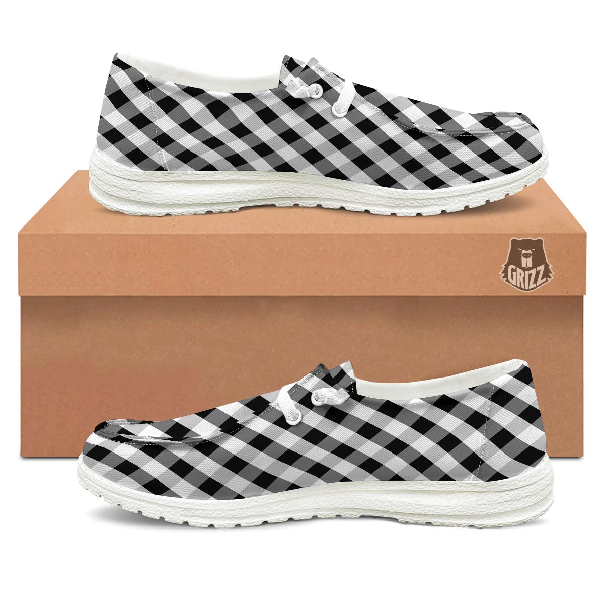 White Gingham And Grey Shadow Print Pattern Black Loafers-grizzshop