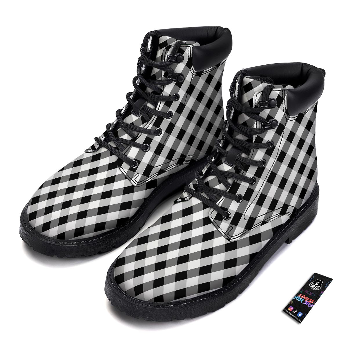 White Gingham And Grey Shadow Print Pattern Boots-grizzshop