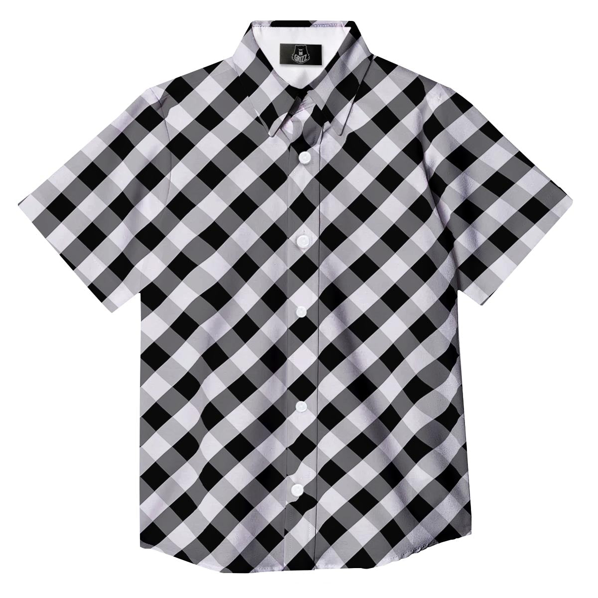 White Gingham And Grey Shadow Print Pattern Button Up Shirt-grizzshop