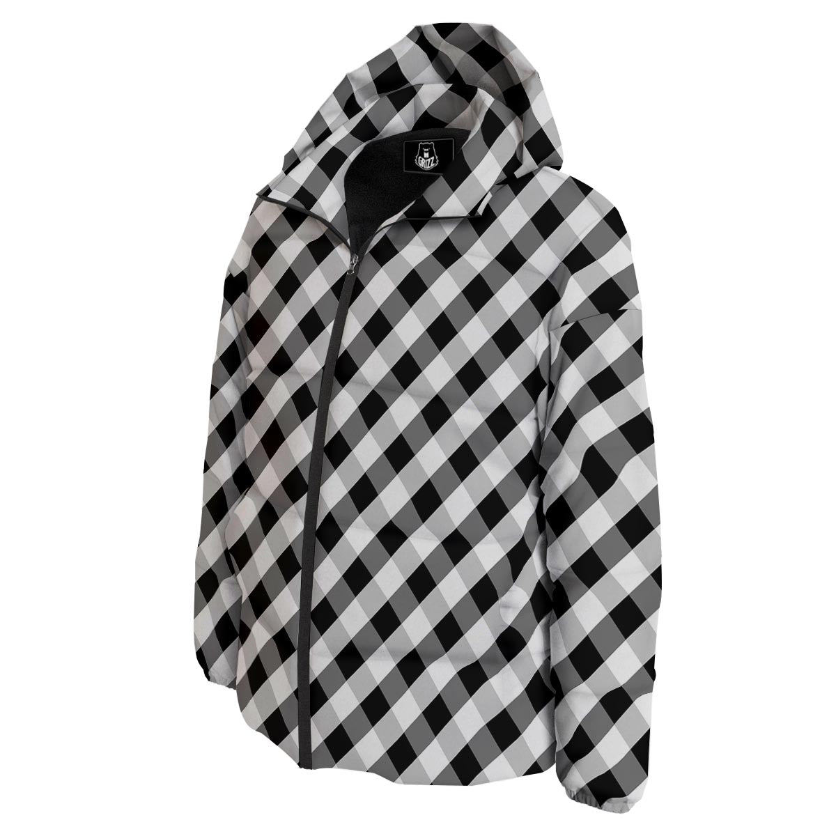 White Gingham And Grey Shadow Print Pattern Down Jacket-grizzshop
