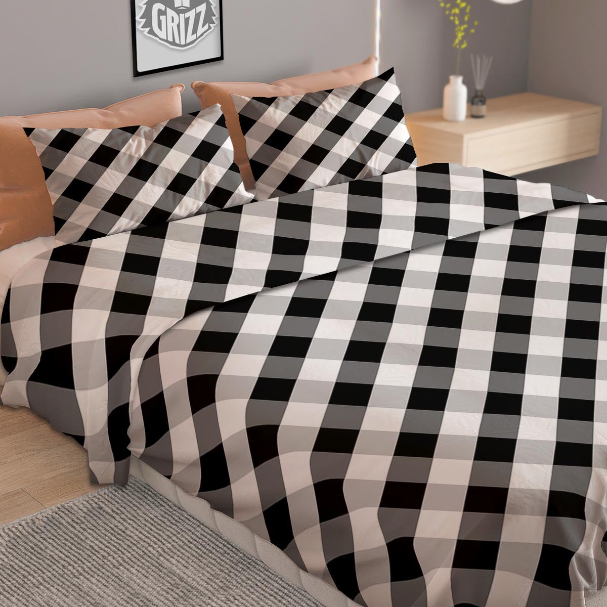 White Gingham And Grey Shadow Print Pattern Duvet Cover Bedding Set