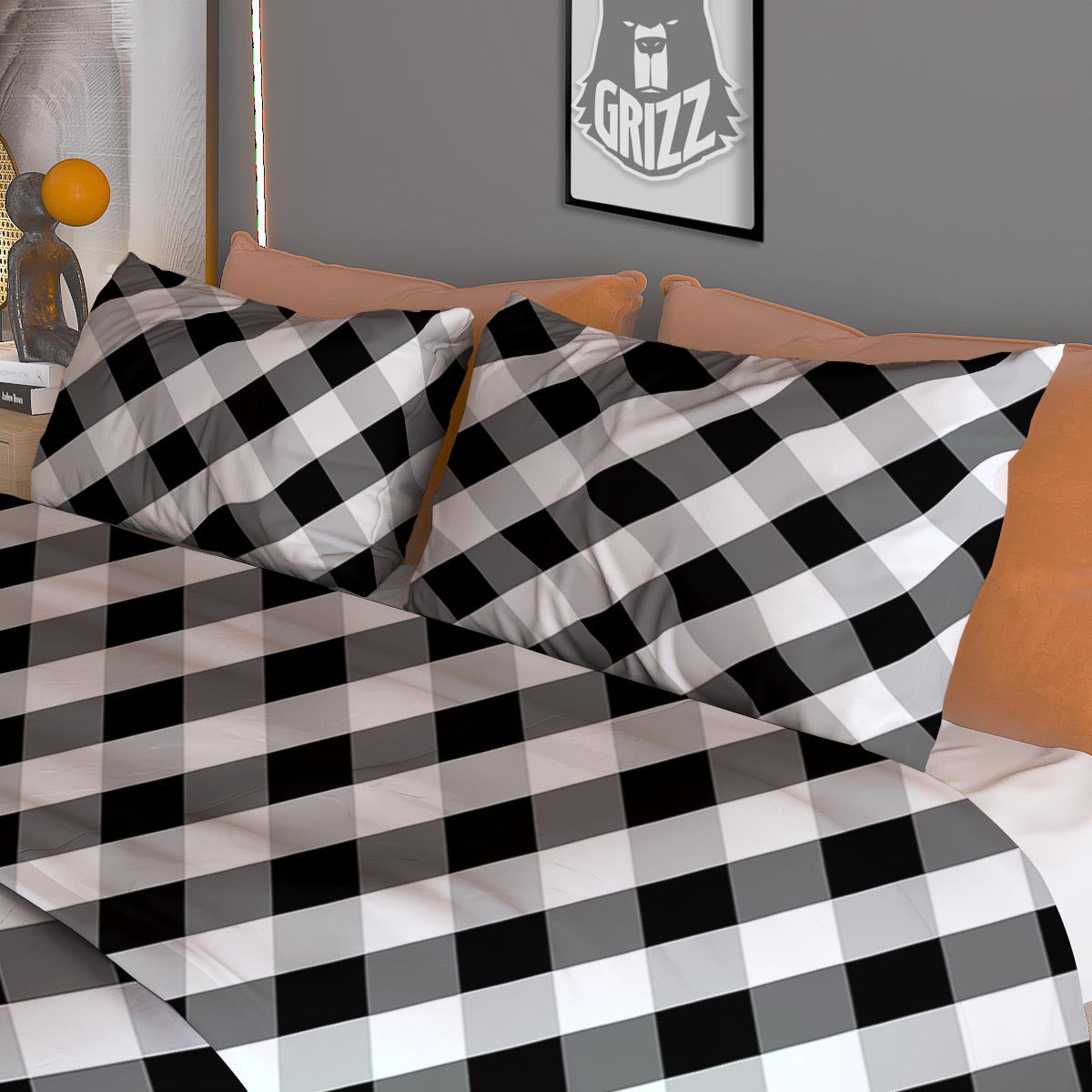 White Gingham And Grey Shadow Print Pattern Duvet Cover Bedding Set