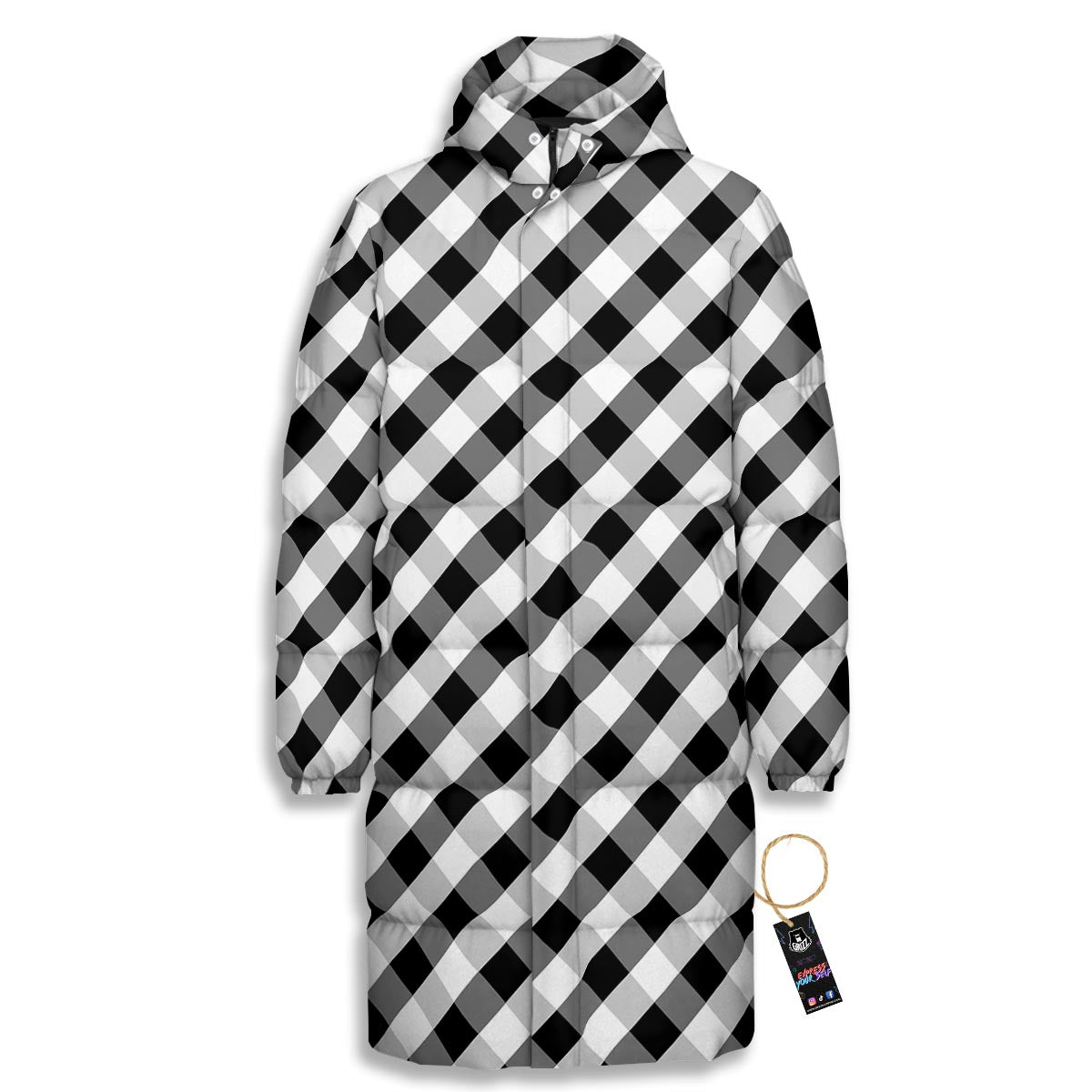 White Gingham And Grey Shadow Print Pattern Long Down Jacket-grizzshop