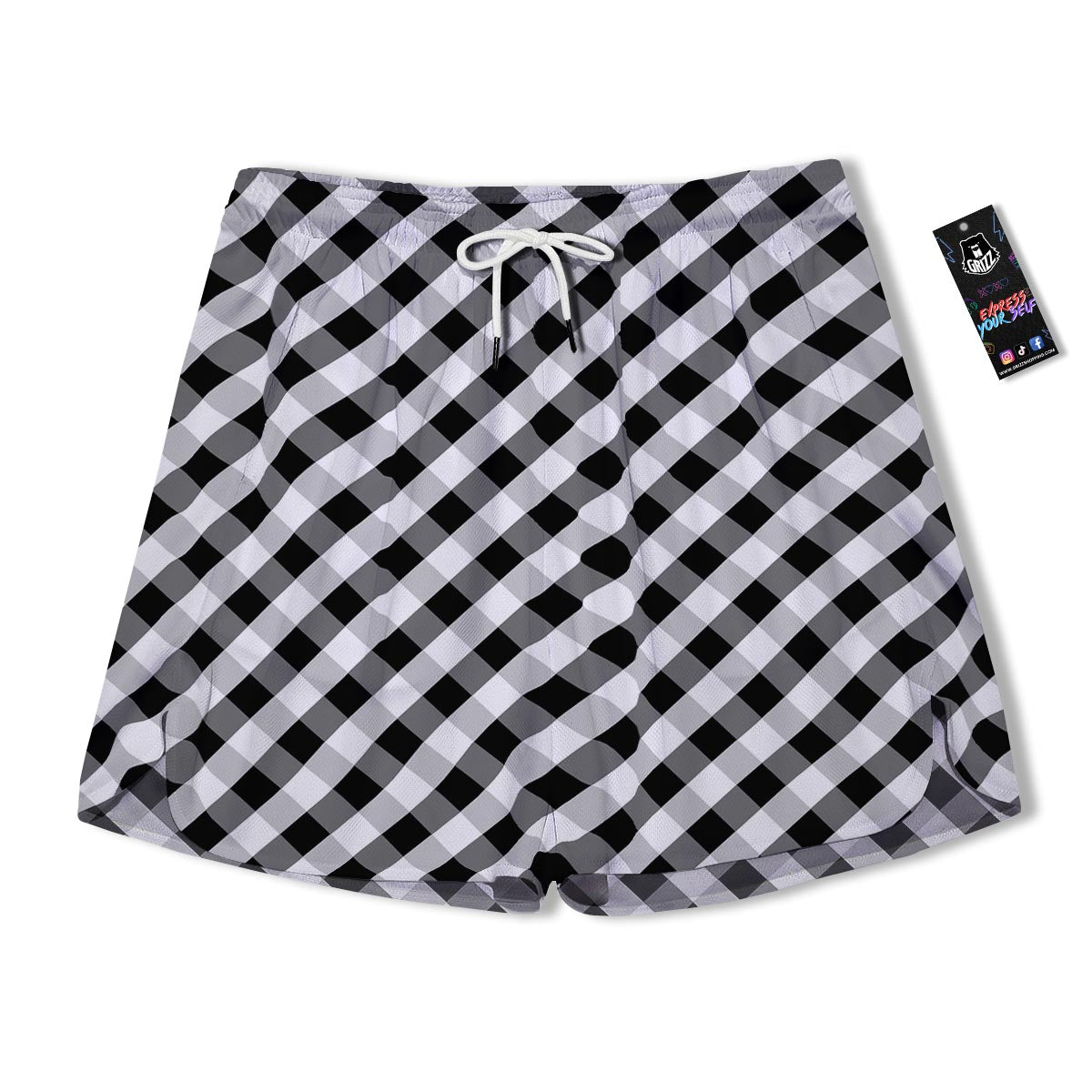 White Gingham And Grey Shadow Print Pattern Men's Running Shorts-grizzshop