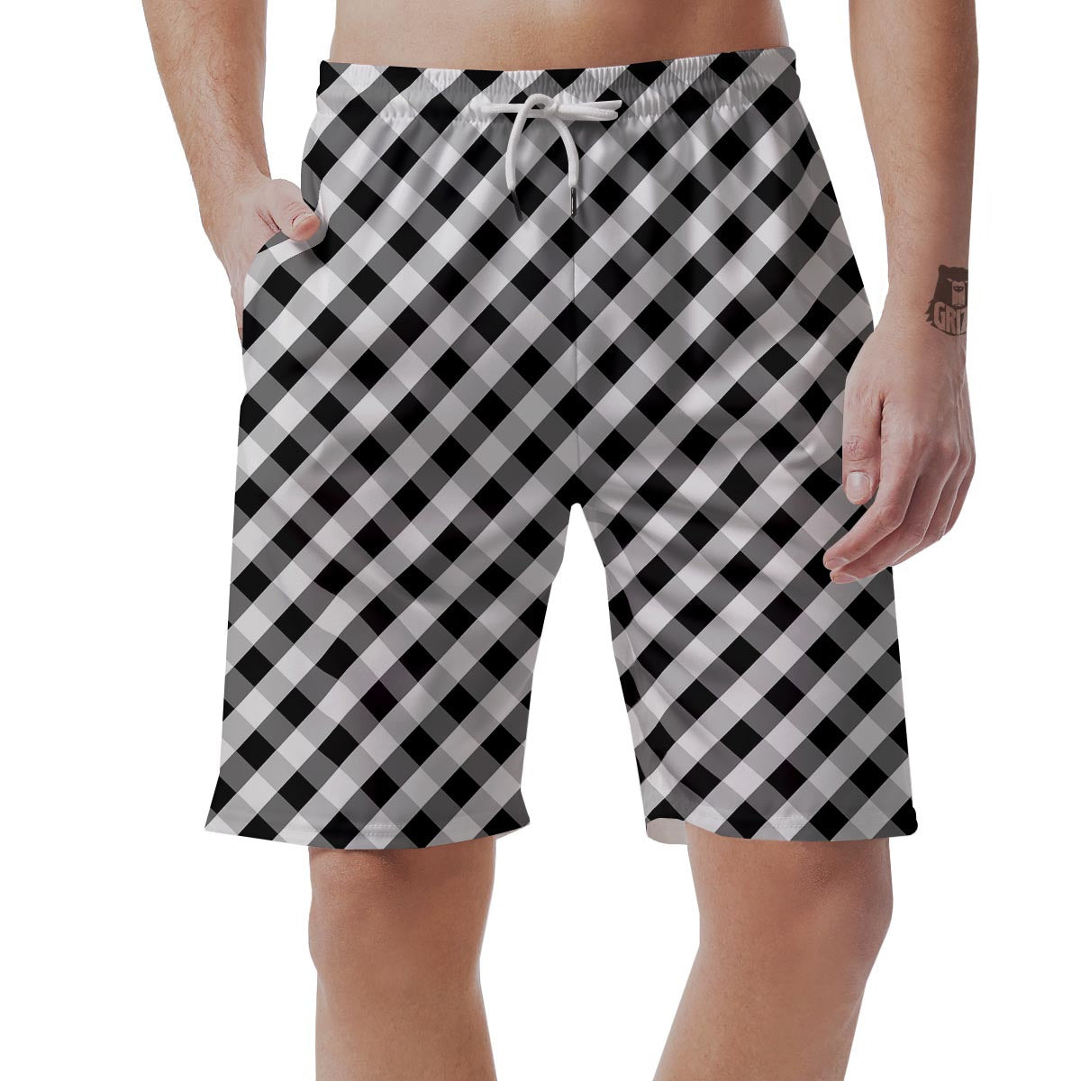 White Gingham And Grey Shadow Print Pattern Men's Shorts-grizzshop