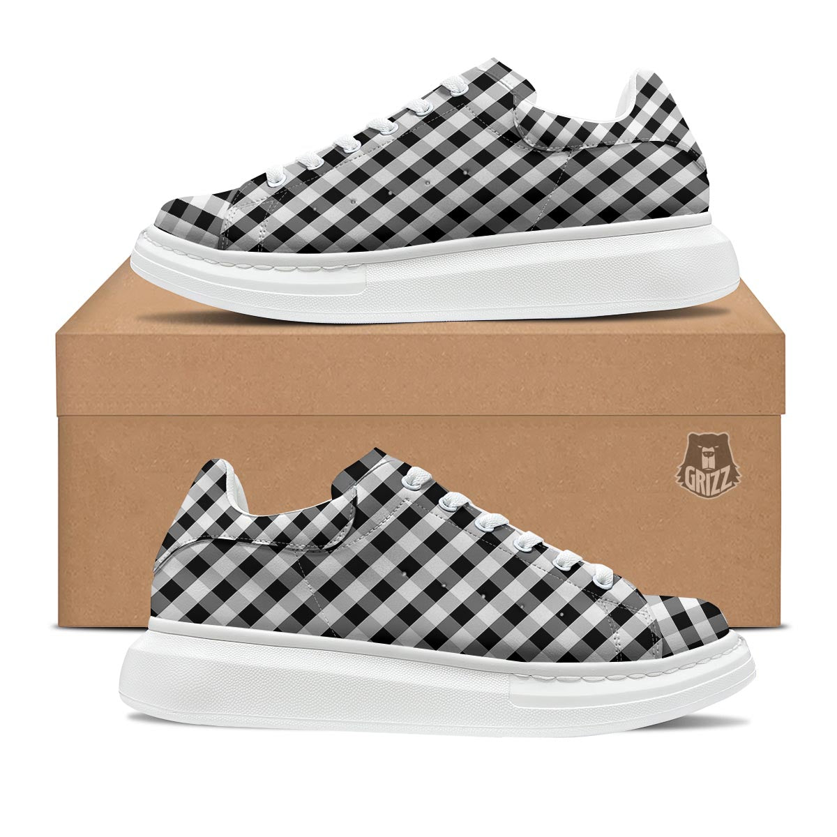 White Gingham And Grey Shadow Print Pattern Platform Shoes-grizzshop