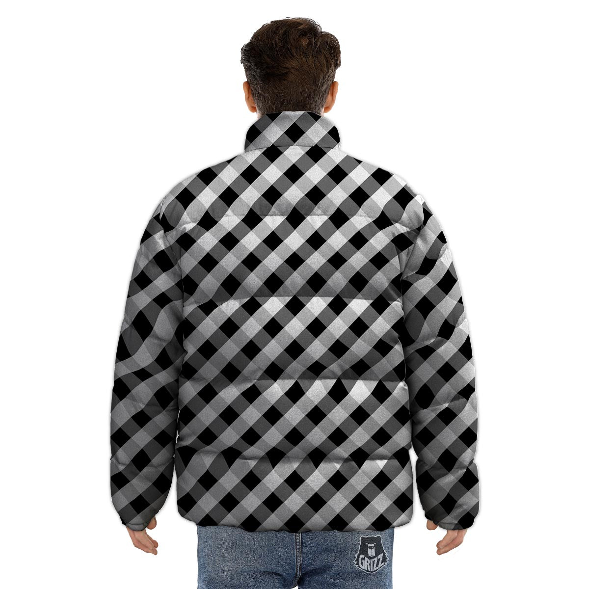 White Gingham And Grey Shadow Print Pattern Puffer Jacket-grizzshop