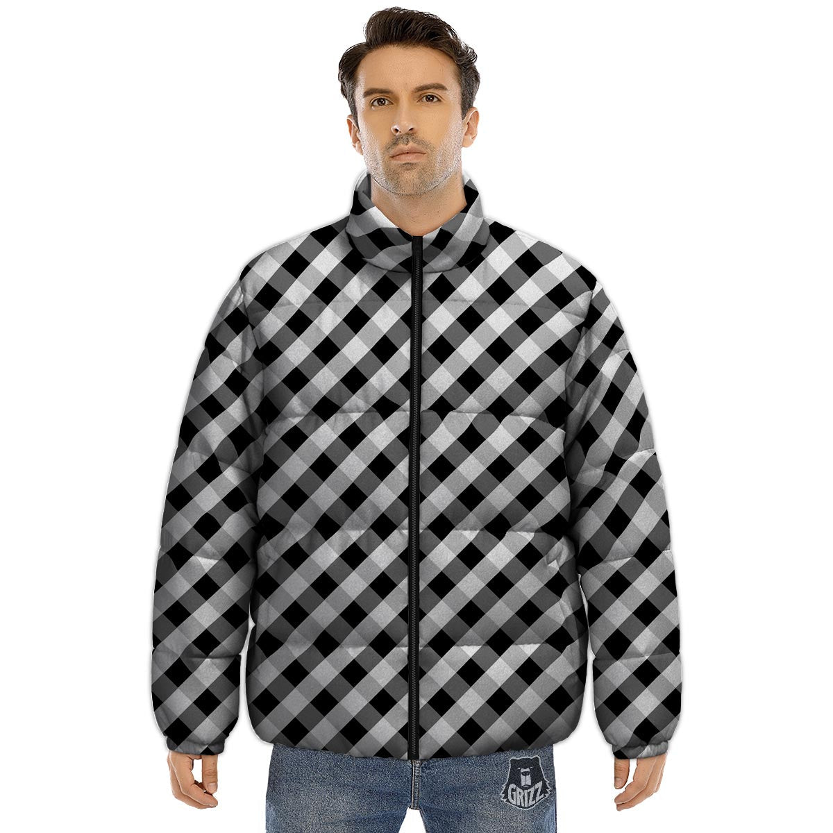 White Gingham And Grey Shadow Print Pattern Puffer Jacket-grizzshop