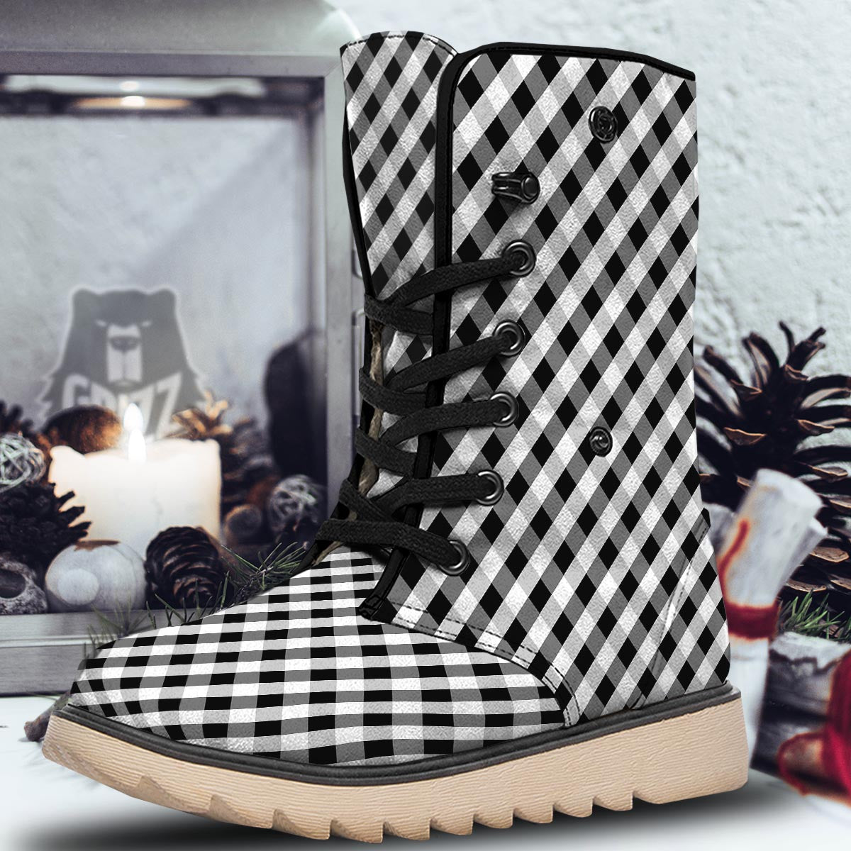 White Gingham And Grey Shadow Print Pattern Snow Boots-grizzshop