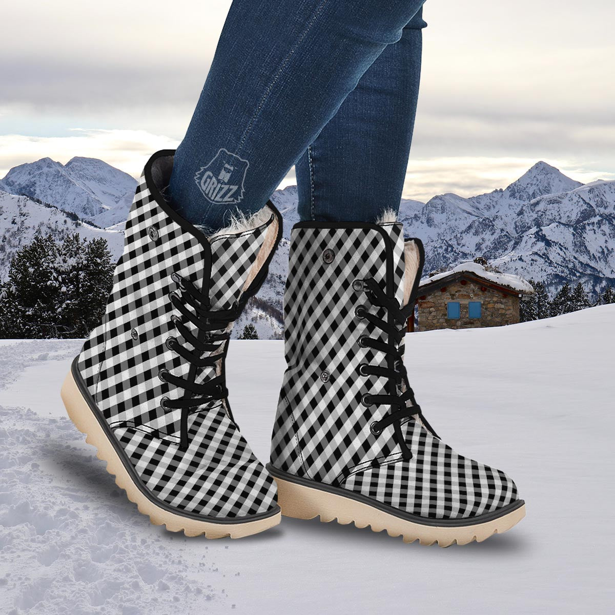 White Gingham And Grey Shadow Print Pattern Snow Boots-grizzshop