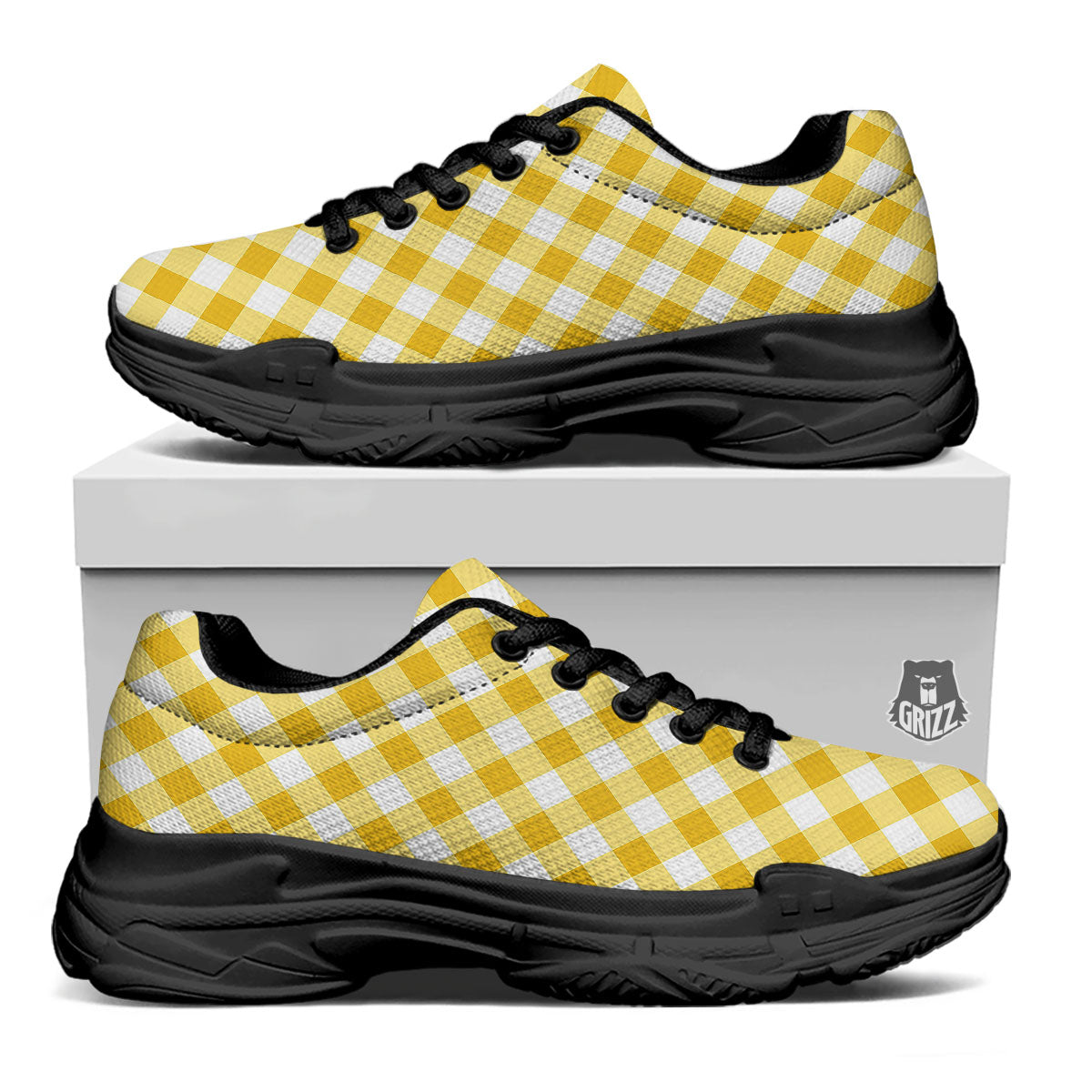 White Gingham And Yellow Honey Print Black Chunky Shoes-grizzshop