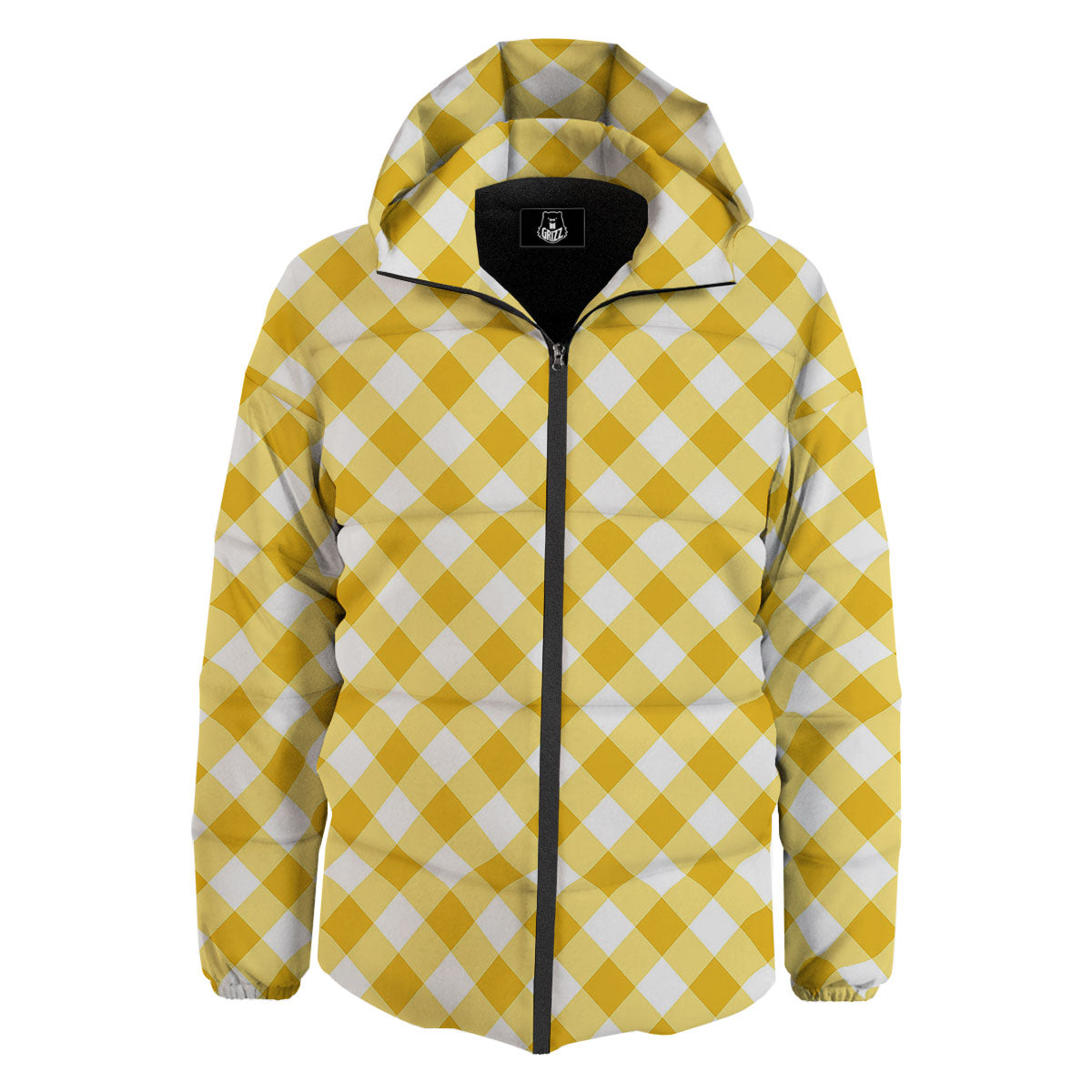 White Gingham And Yellow Honey Print Down Jacket-grizzshop
