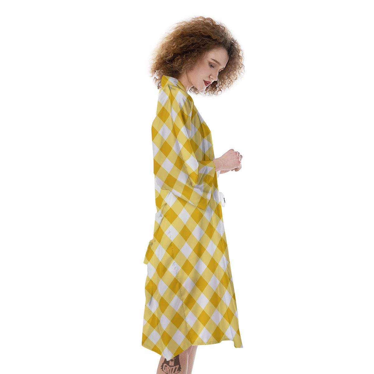 White Gingham And Yellow Honey Print Kimono-grizzshop