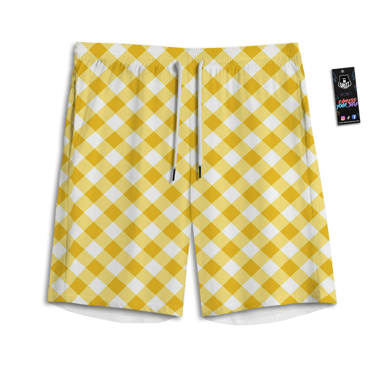 White Gingham And Yellow Honey Print Men's Athletic Shorts