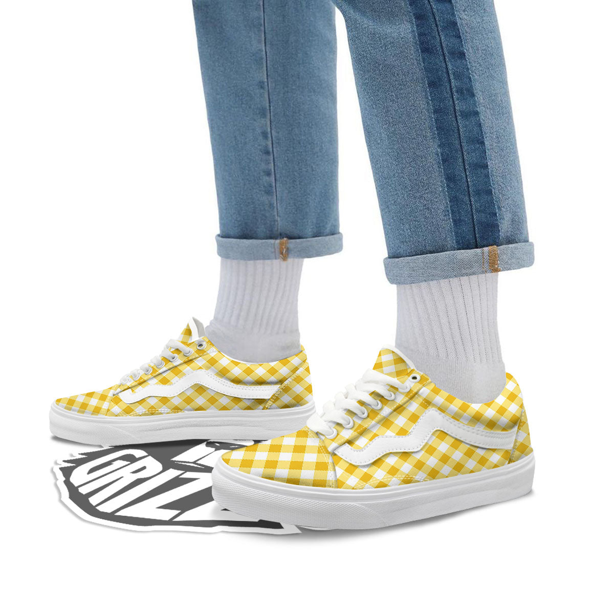 White Gingham And Yellow Honey Print Skate Shoes-grizzshop