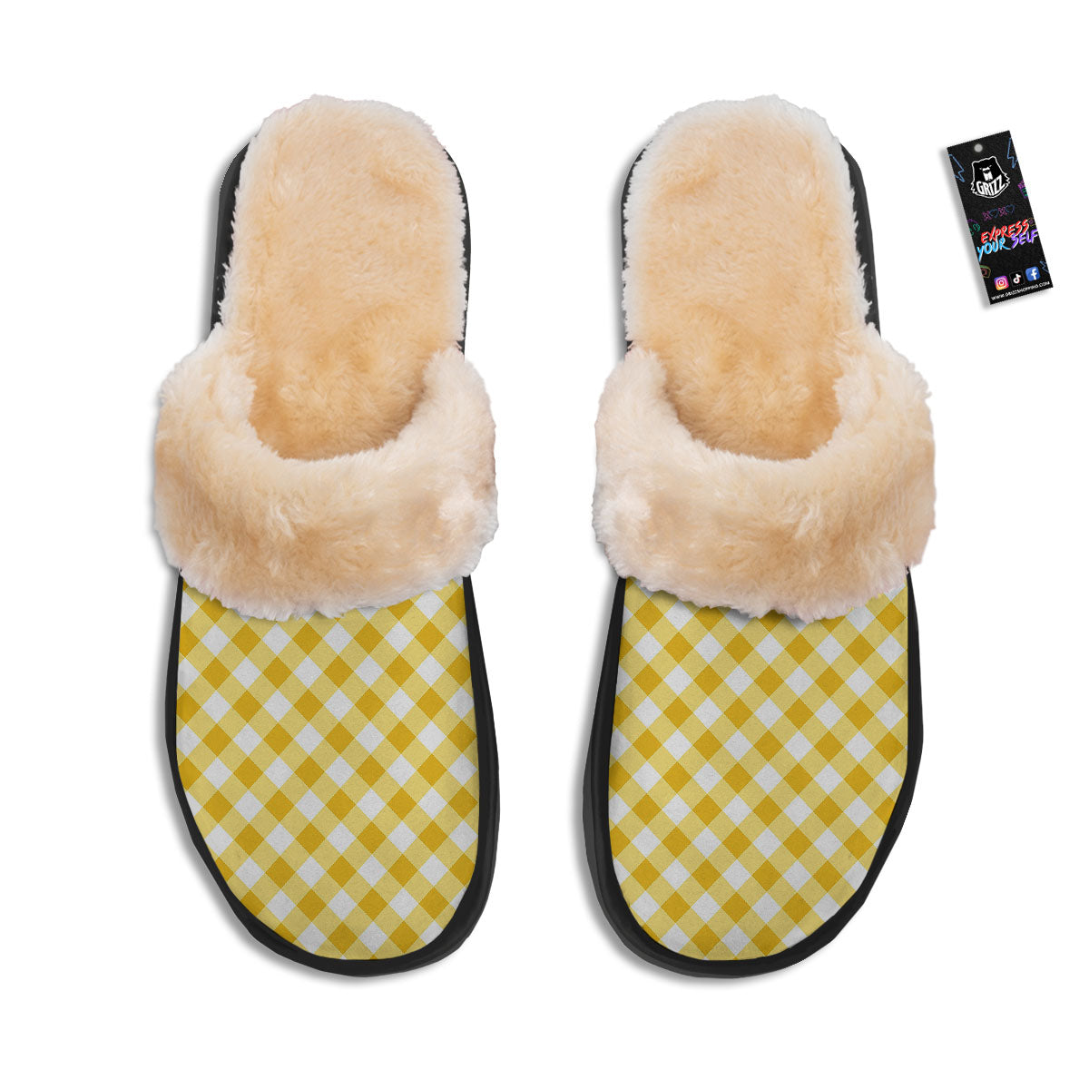 White Gingham And Yellow Honey Print Slippers-grizzshop