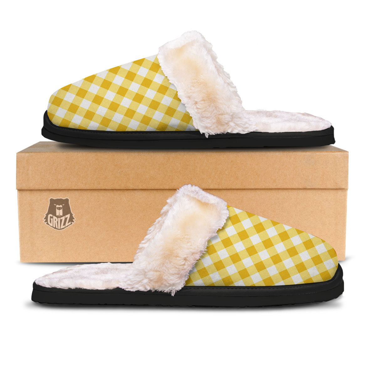White Gingham And Yellow Honey Print Slippers-grizzshop