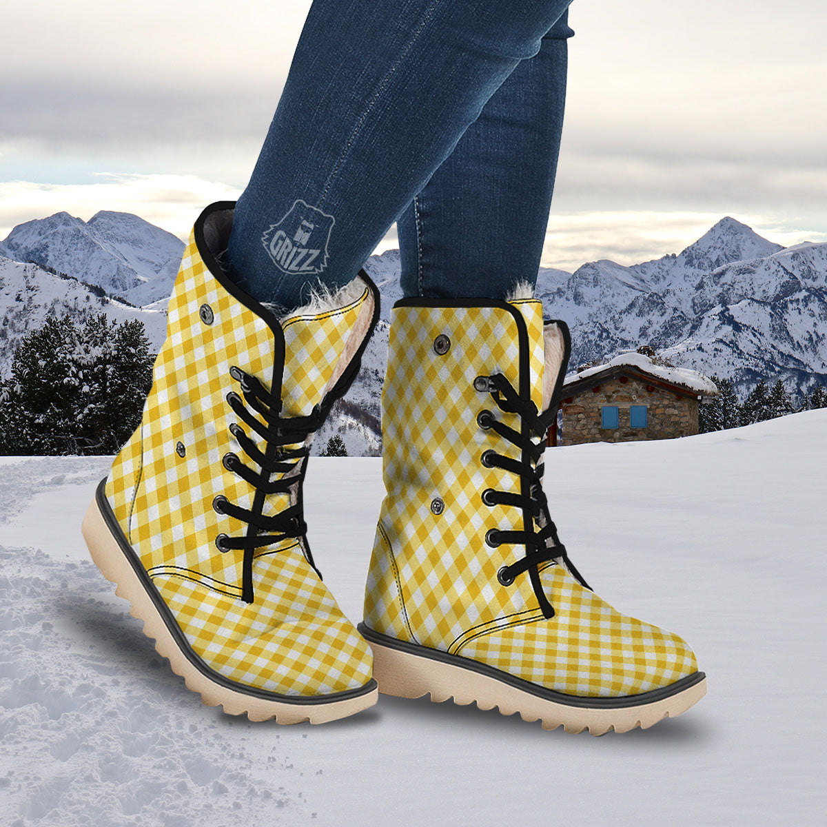 White Gingham And Yellow Honey Print Snow Boots-grizzshop