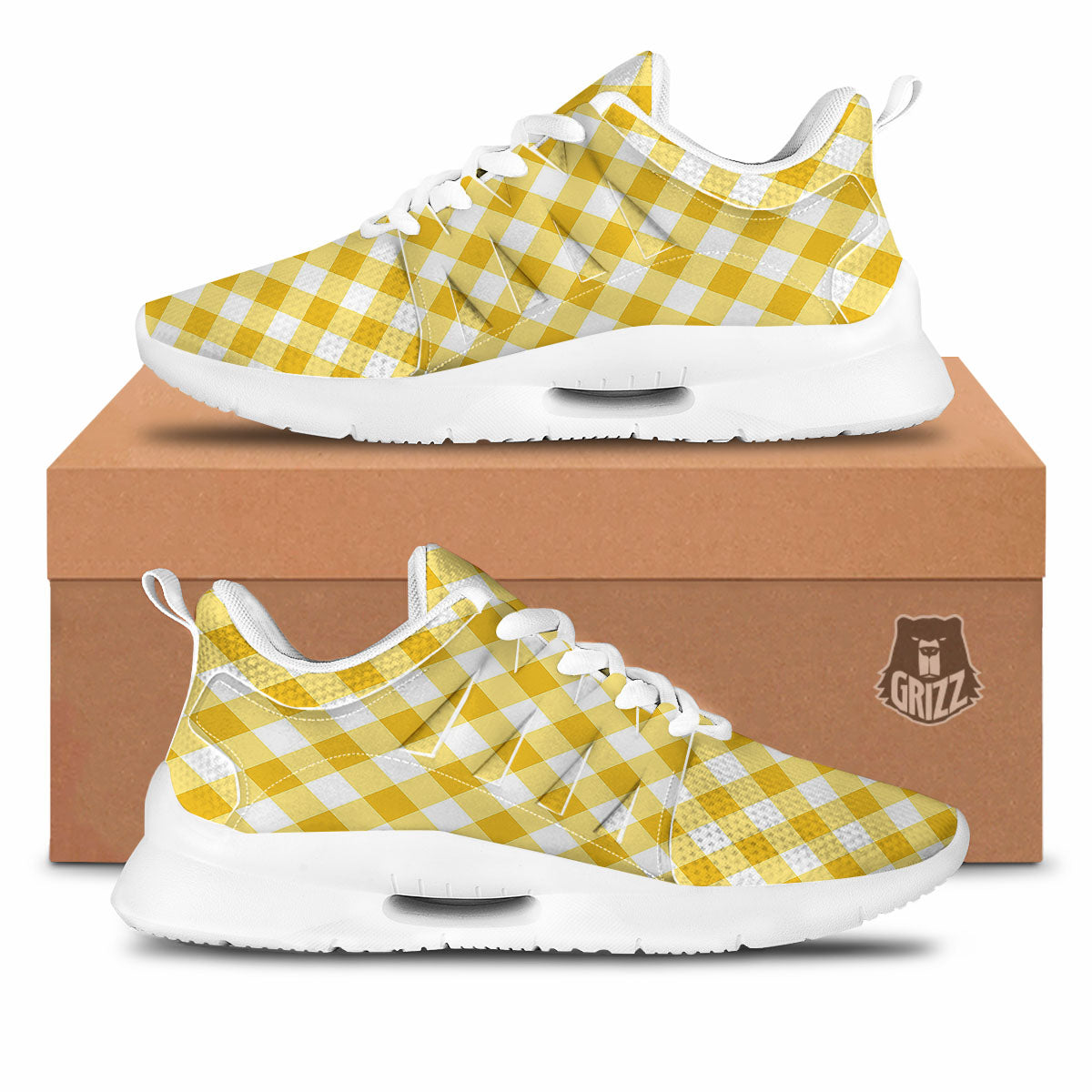 White Gingham And Yellow Honey Print Tennis Shoes-grizzshop