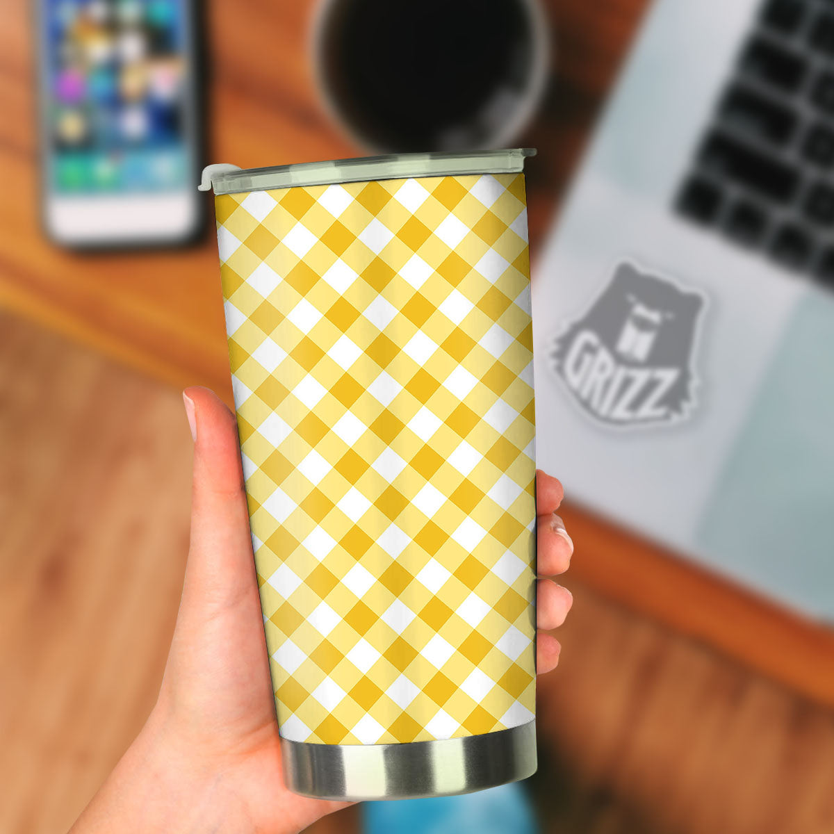 White Gingham And Yellow Honey Print Tumbler-grizzshop