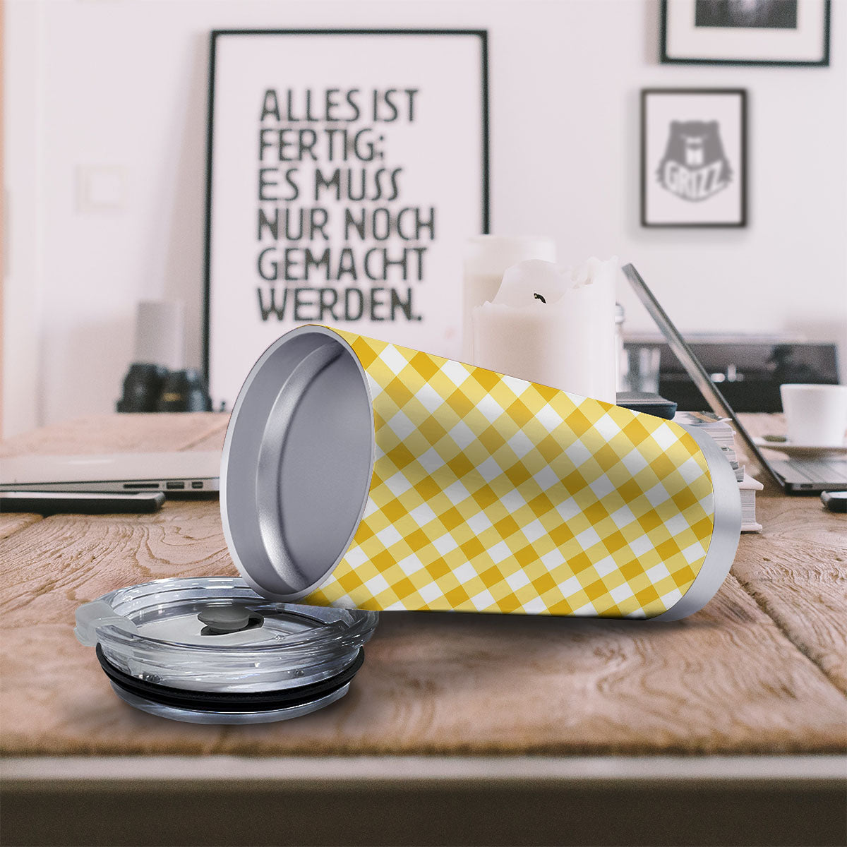 White Gingham And Yellow Honey Print Tumbler-grizzshop