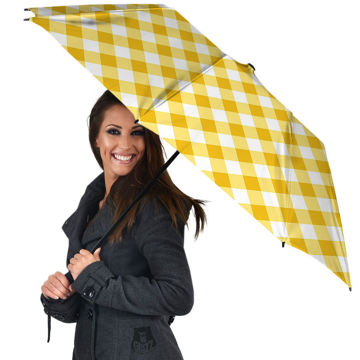 White Gingham And Yellow Honey Print Umbrella-grizzshop