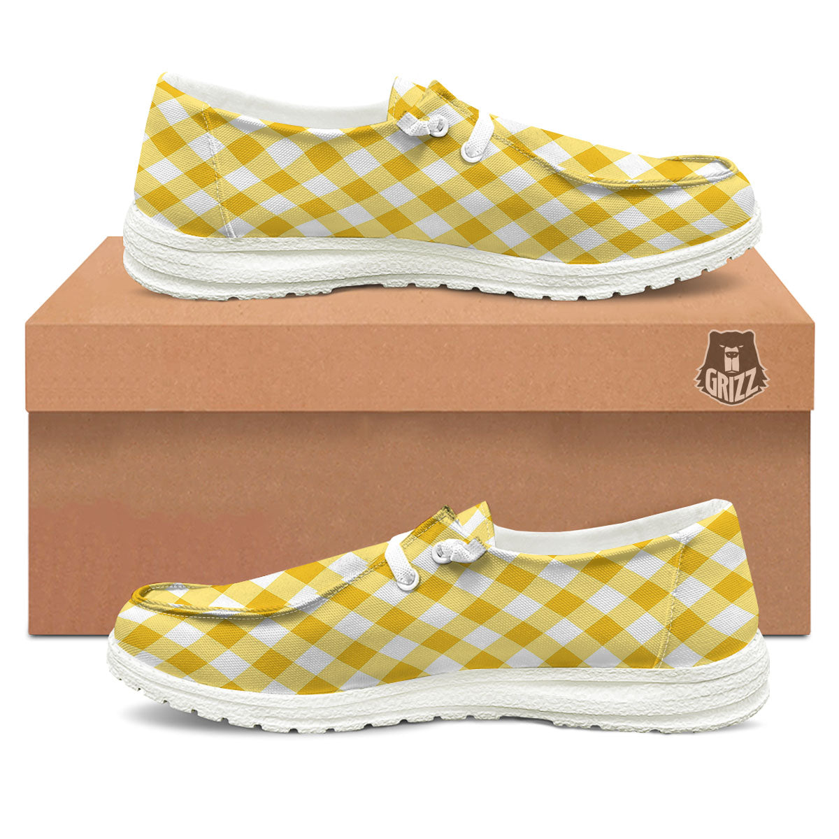 White Gingham And Yellow Honey Print White Loafers-grizzshop