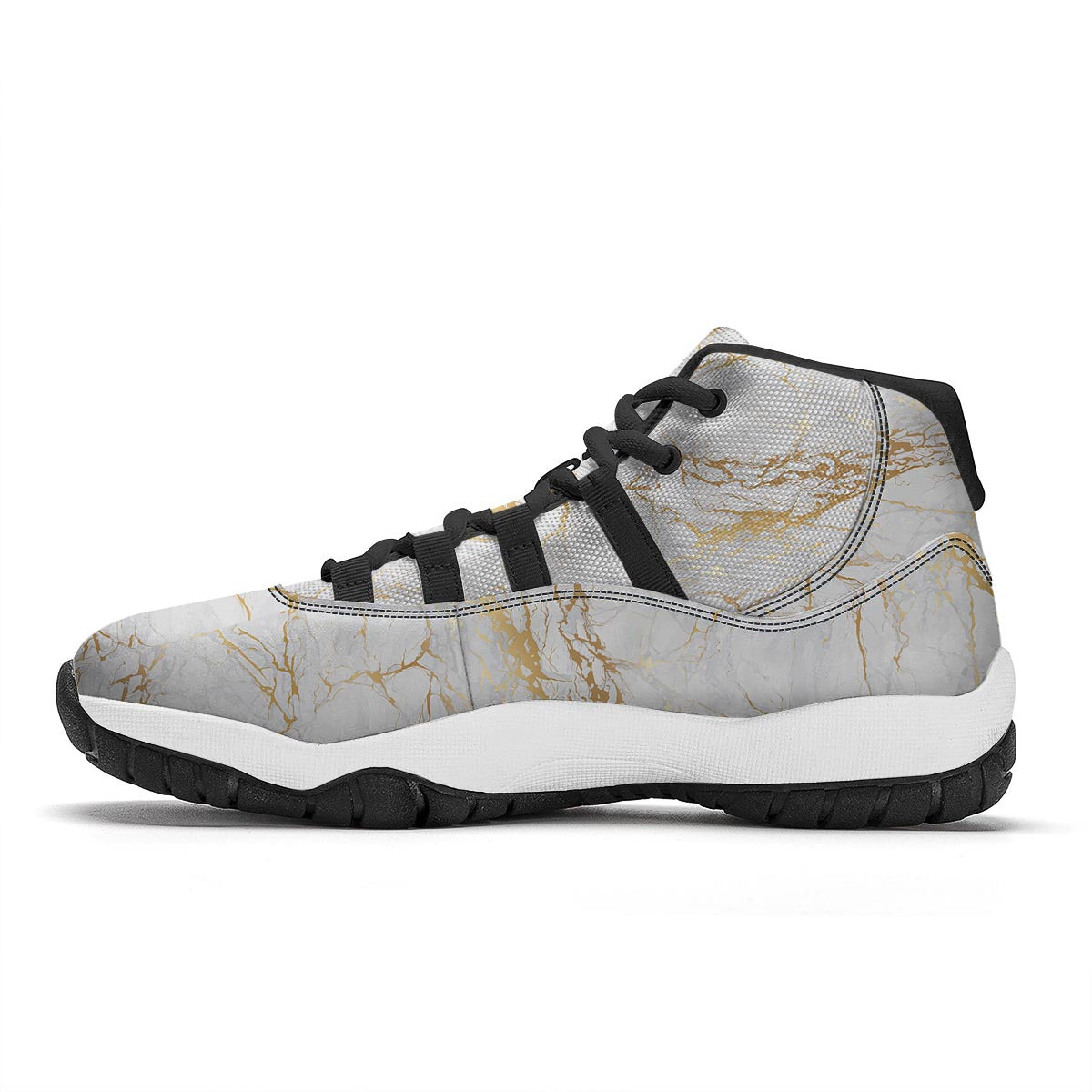 White Gold Marble Pattern Print Black Bball Shoes-grizzshop