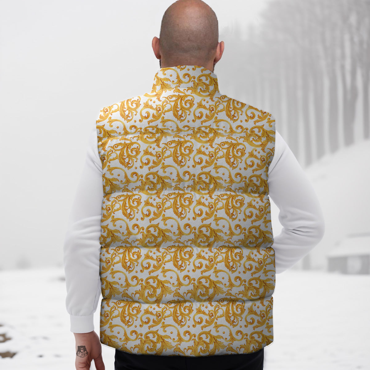 White Gold Marble Pattern Print Down Vest-grizzshop