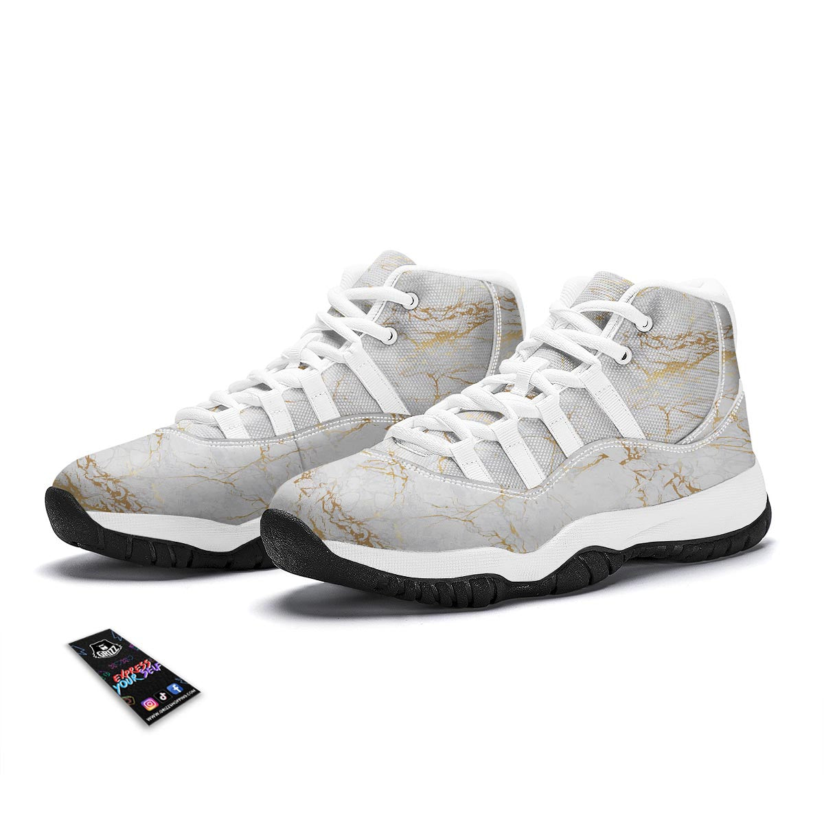 White Gold Marble Pattern Print White Bball Shoes-grizzshop