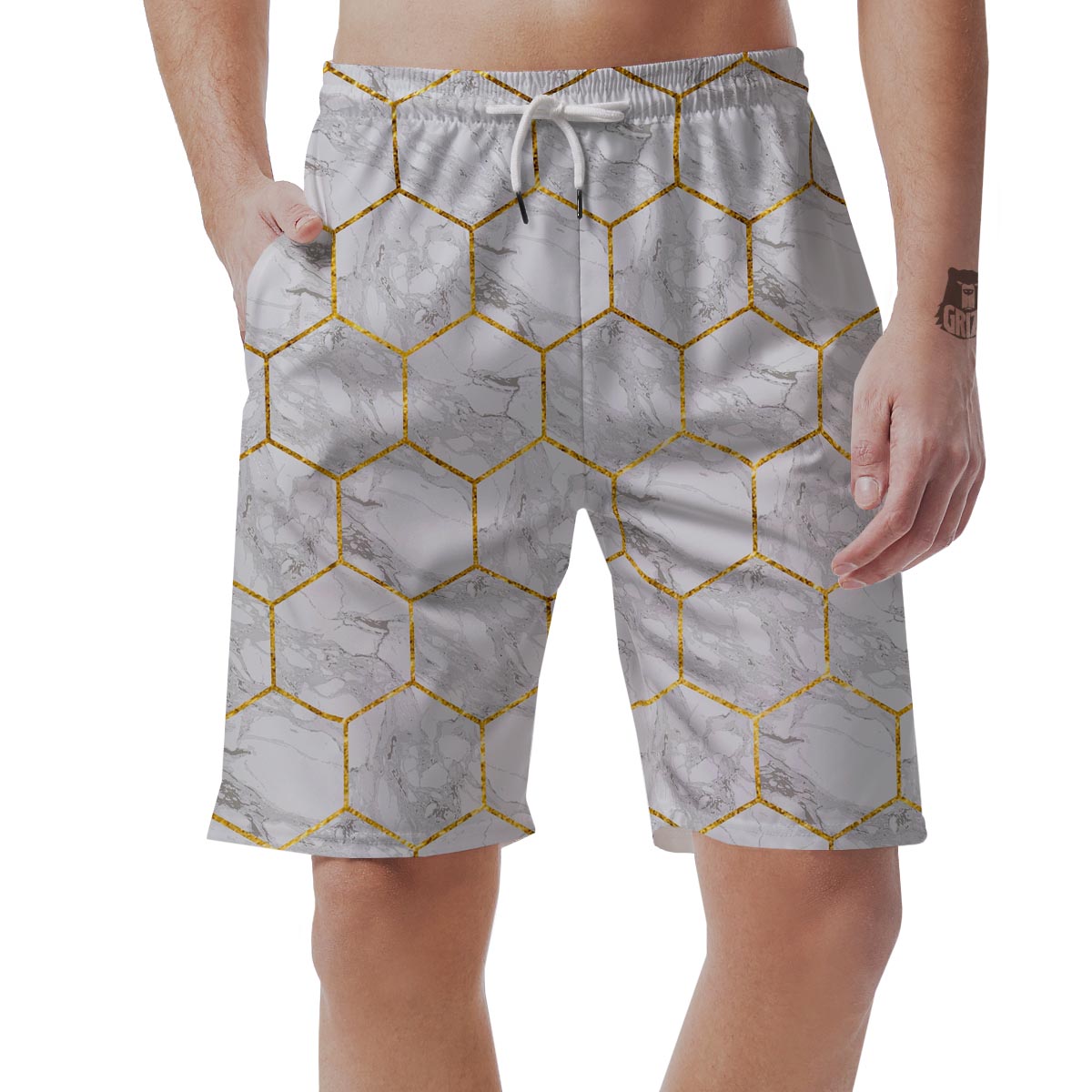 White Gold Tile Marble Men's Shorts-grizzshop