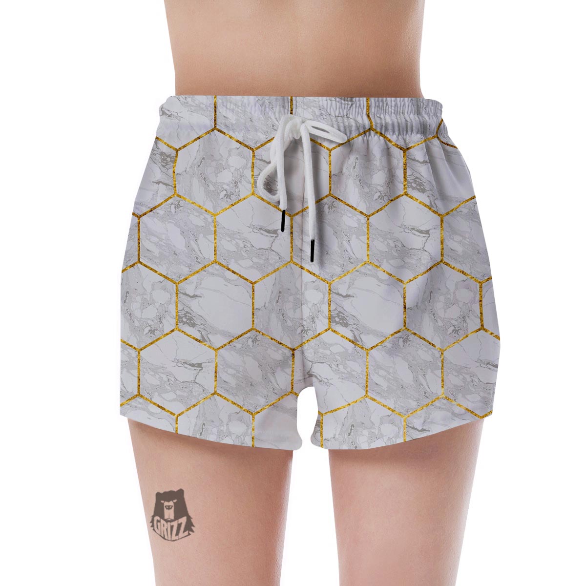 White Gold Tile Marble Women's Shorts-grizzshop