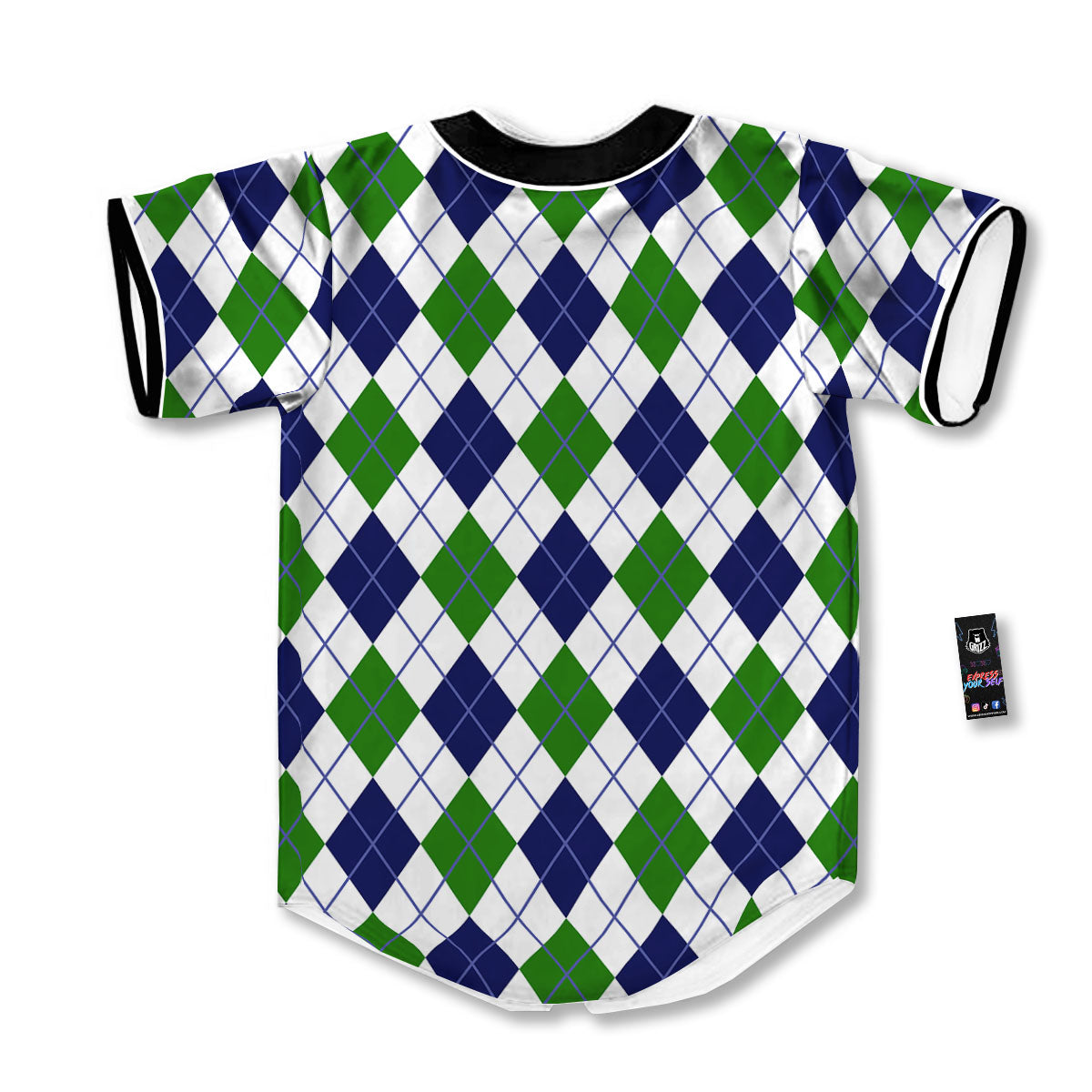 White Green And Navy Argyle Print Baseball Jersey-grizzshop