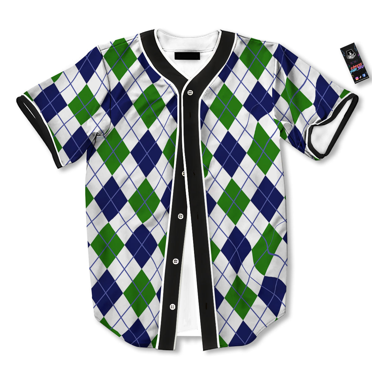White Green And Navy Argyle Print Baseball Jersey-grizzshop