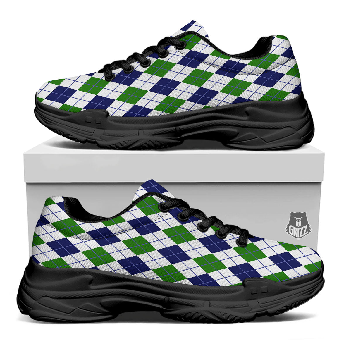 White Green And Navy Argyle Print Black Chunky Shoes-grizzshop