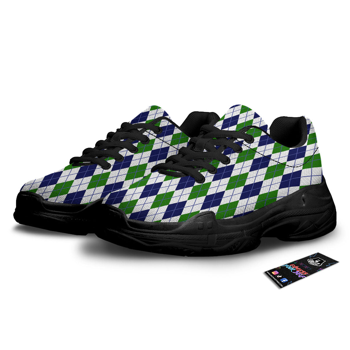 White Green And Navy Argyle Print Black Chunky Shoes-grizzshop