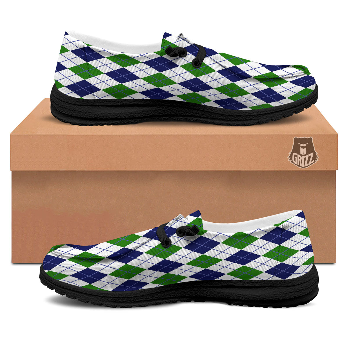 White Green And Navy Argyle Print Black Loafers-grizzshop