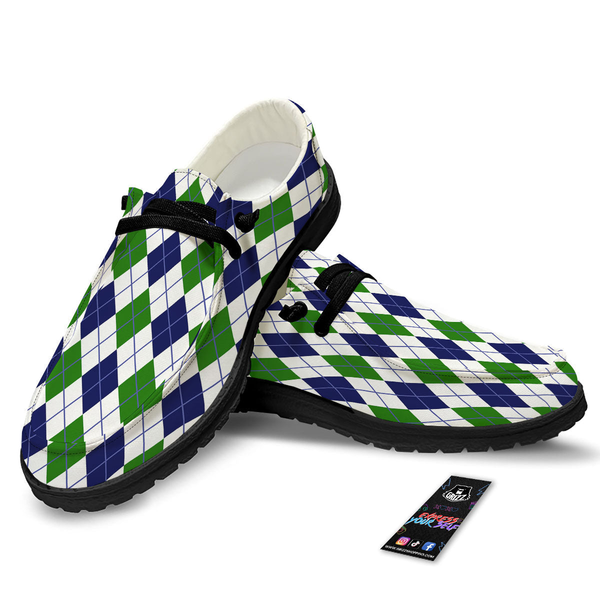 White Green And Navy Argyle Print Black Loafers-grizzshop