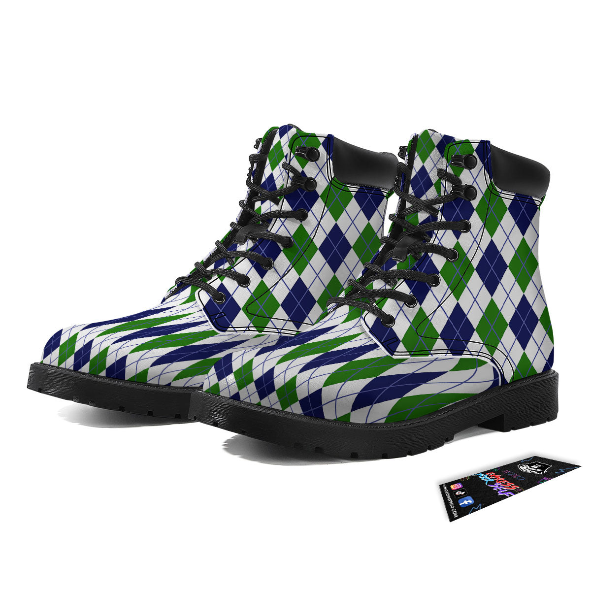White Green And Navy Argyle Print Boots-grizzshop