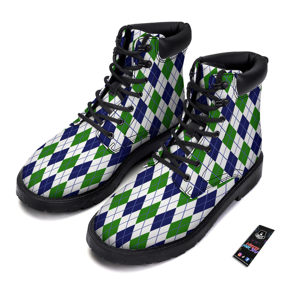 White Green And Navy Argyle Print Boots-grizzshop