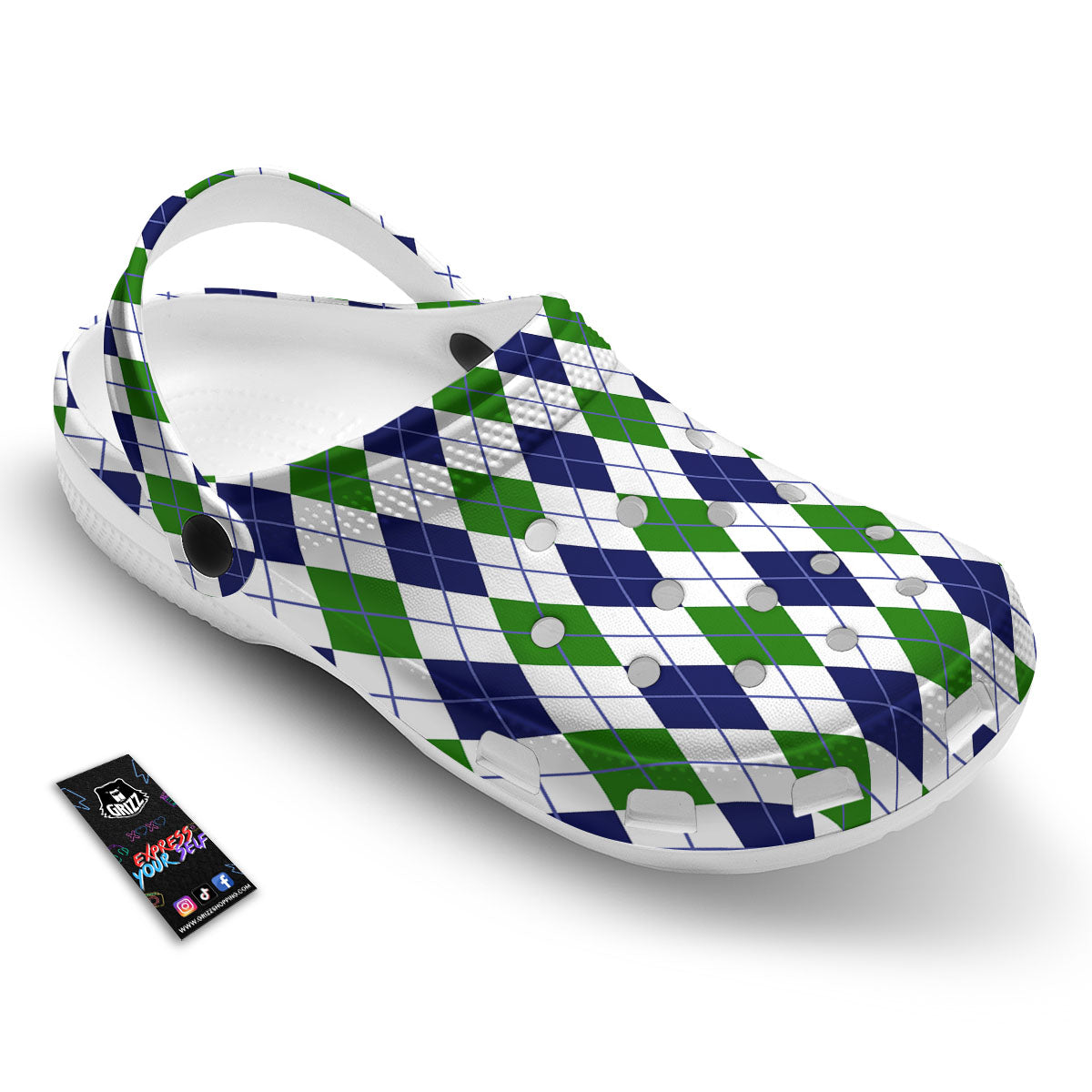 White Green And Navy Argyle Print Clog-grizzshop