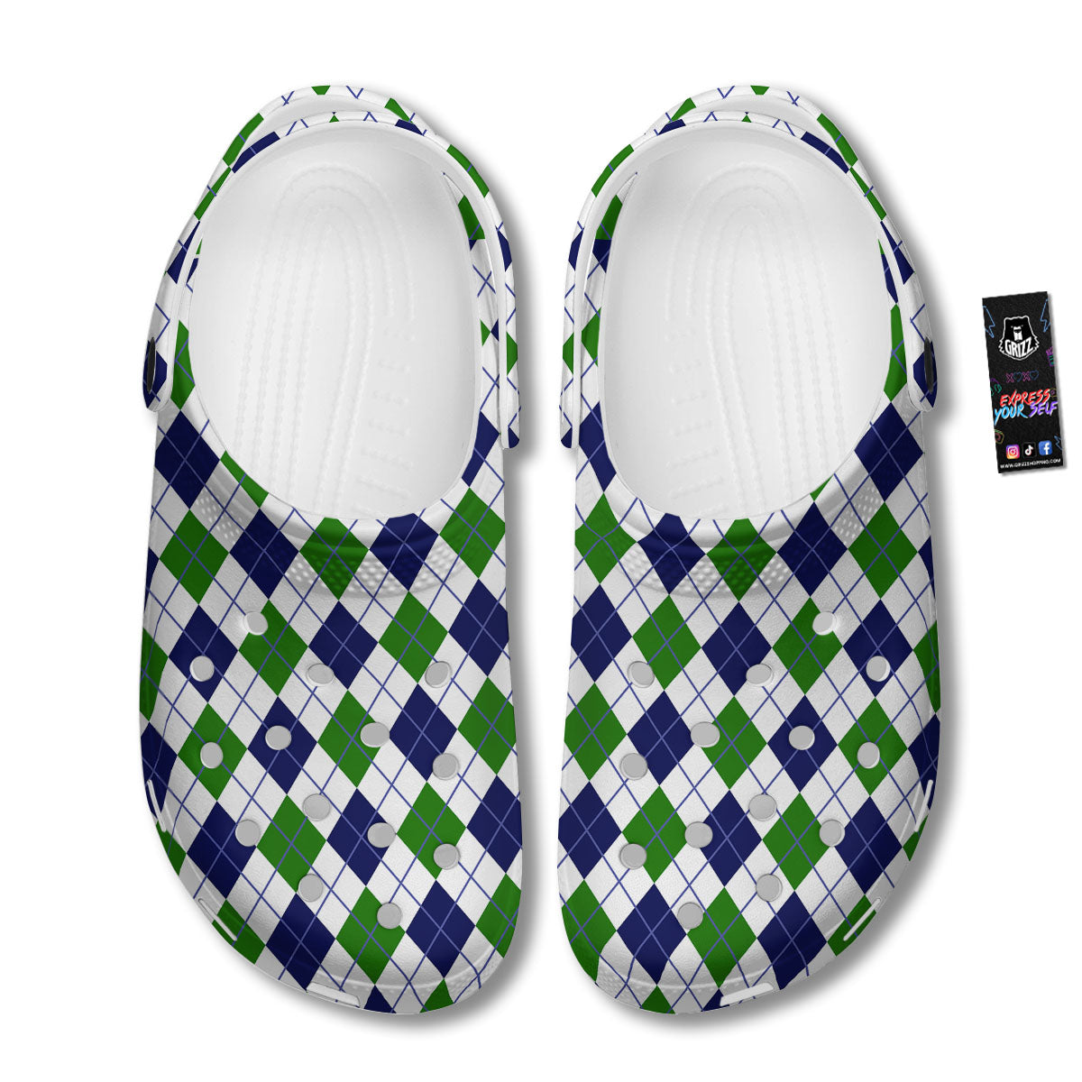 White Green And Navy Argyle Print Clog-grizzshop