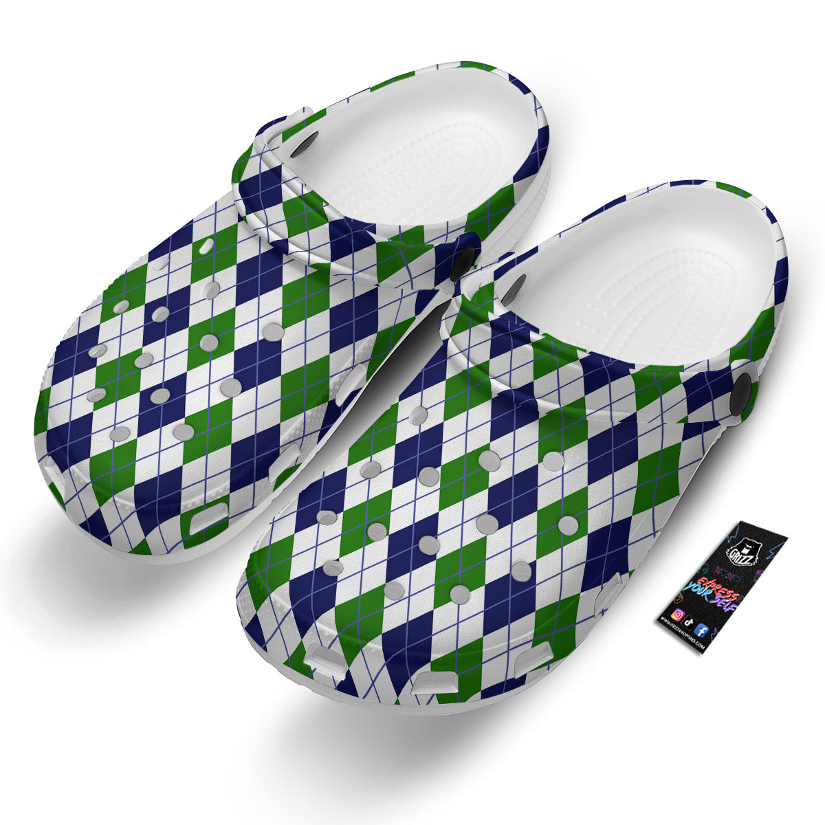 White Green And Navy Argyle Print Clog-grizzshop