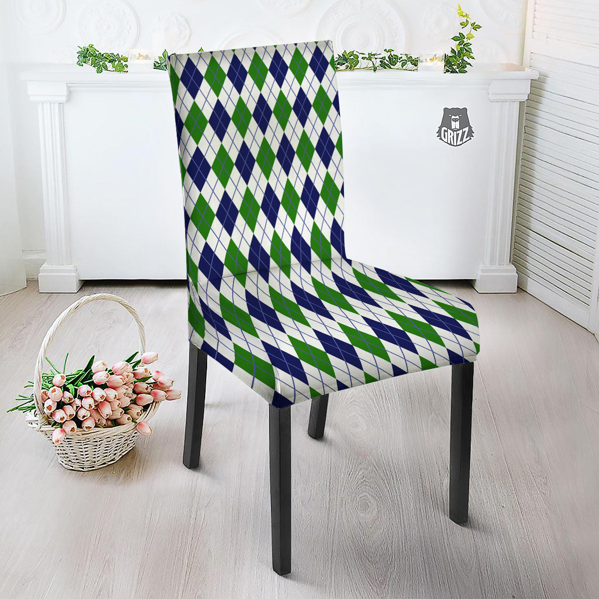 White Green And Navy Argyle Print Dining Chair Slipcover-grizzshop