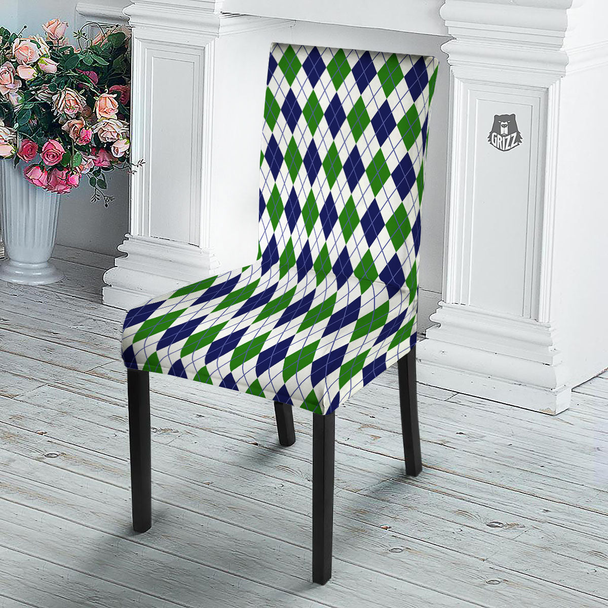 White Green And Navy Argyle Print Dining Chair Slipcover-grizzshop