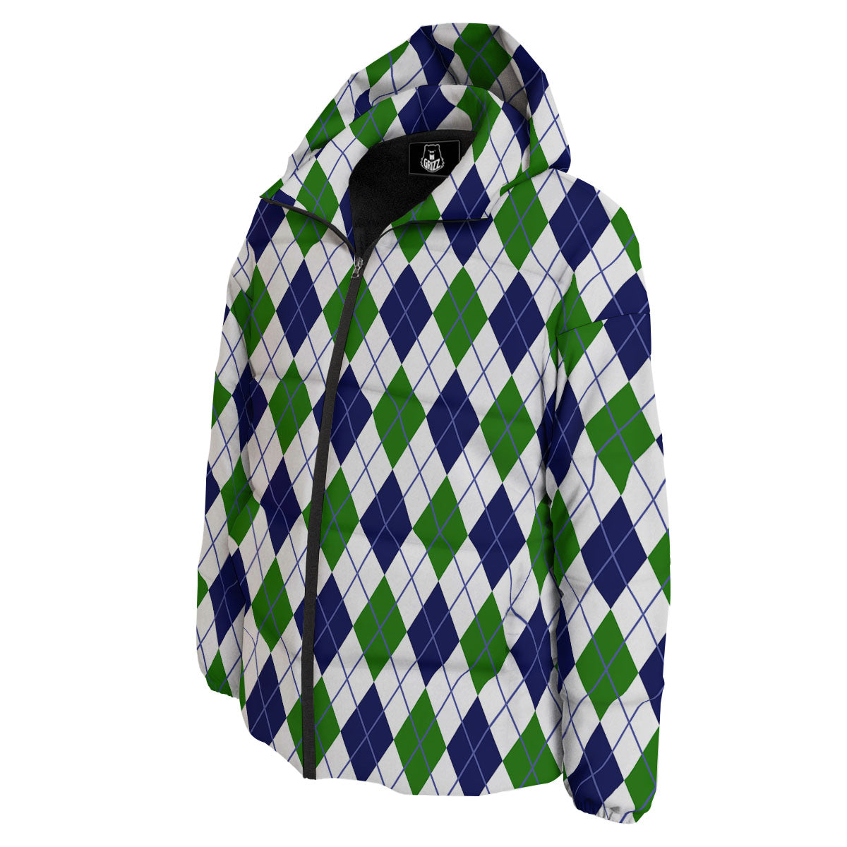 White Green And Navy Argyle Print Down Jacket-grizzshop